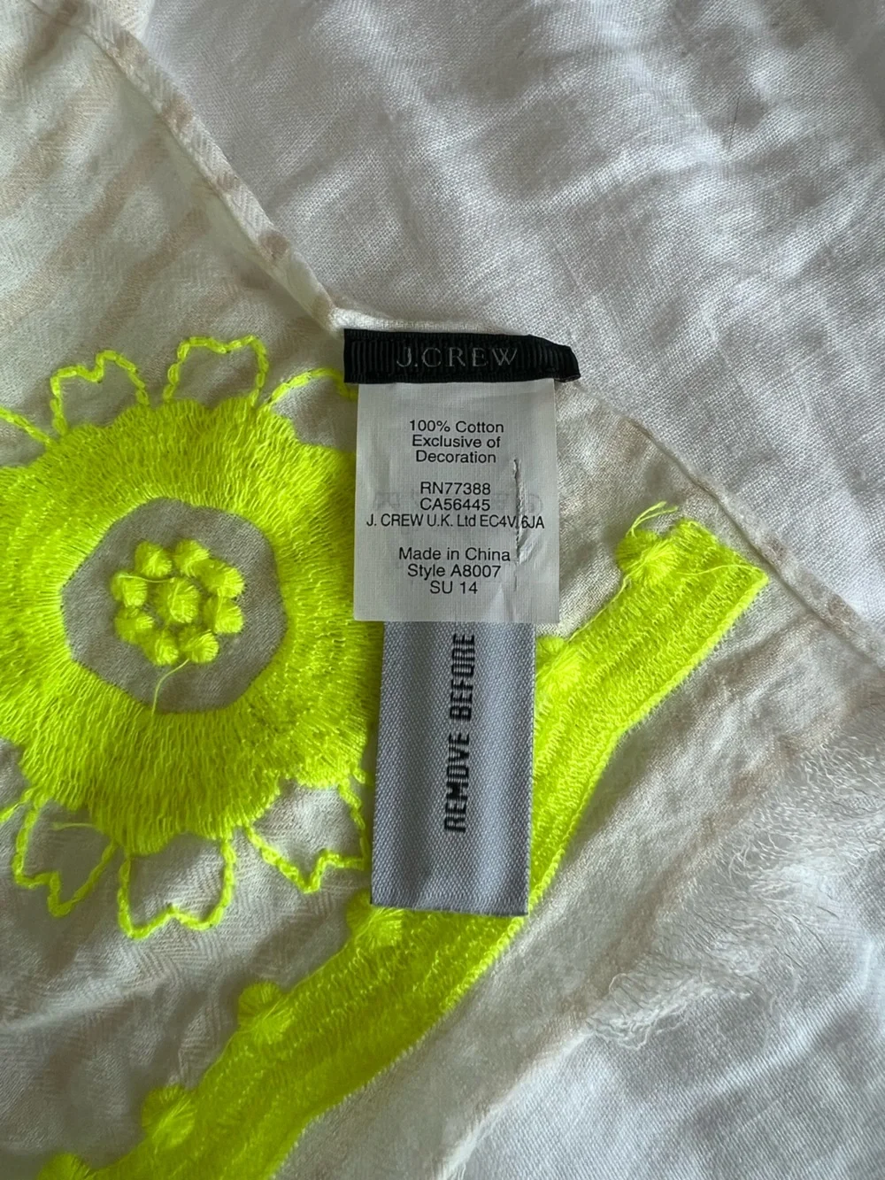 J. Crew Beige Scarf with Neon Yellow Floral Embroidery